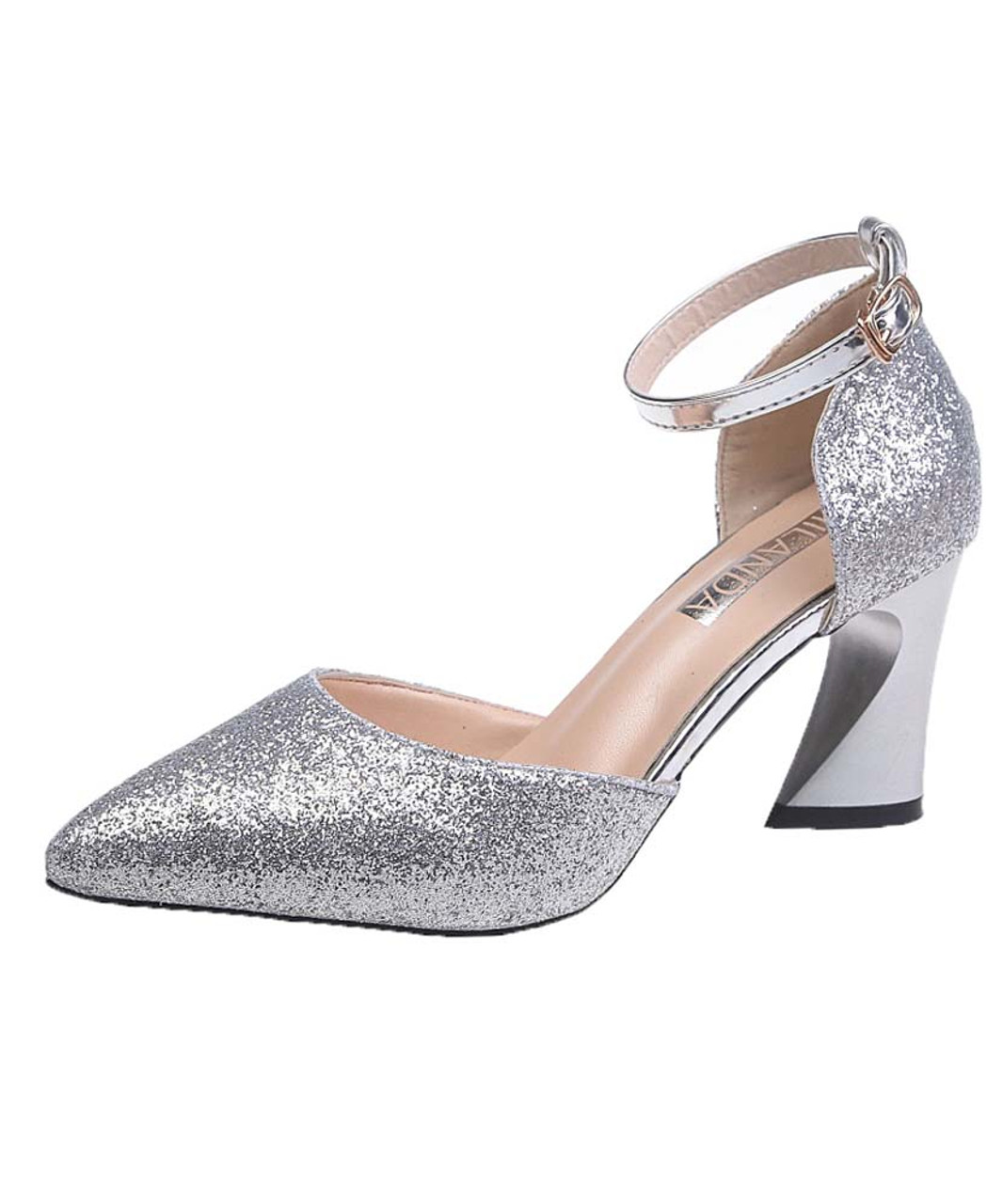 Silver sequin ankle strap slip on high ...